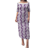 Hawaii Ti Leaf Maile Tuberose Lei Family Matching Puletasi and Hawaiian Shirt With Hanalei Leaf Purple LT05 Mom's Dress Purple - Polynesian Pride