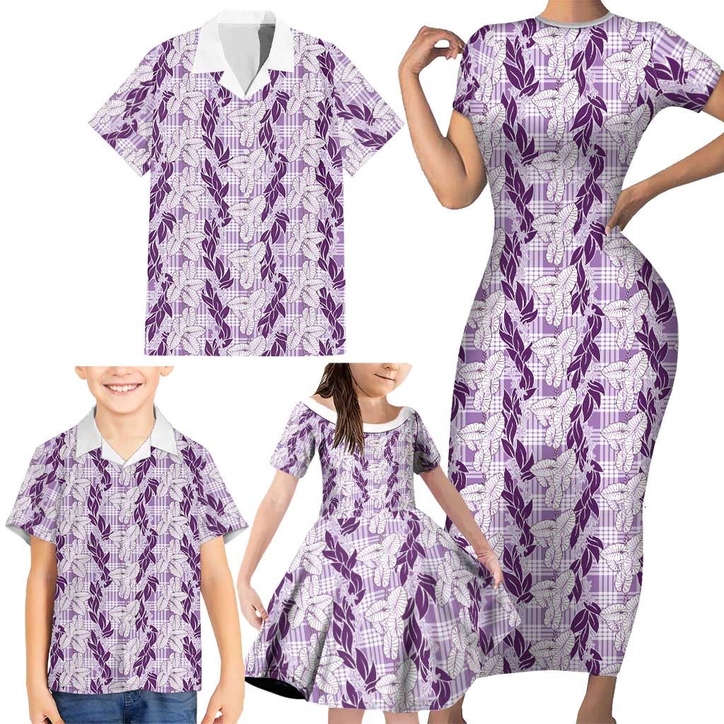 Hawaii Ti Leaf Maile Tuberose Lei Family Matching Short Sleeve Bodycon Dress and Hawaiian Shirt With Hanalei Leaf Purple
