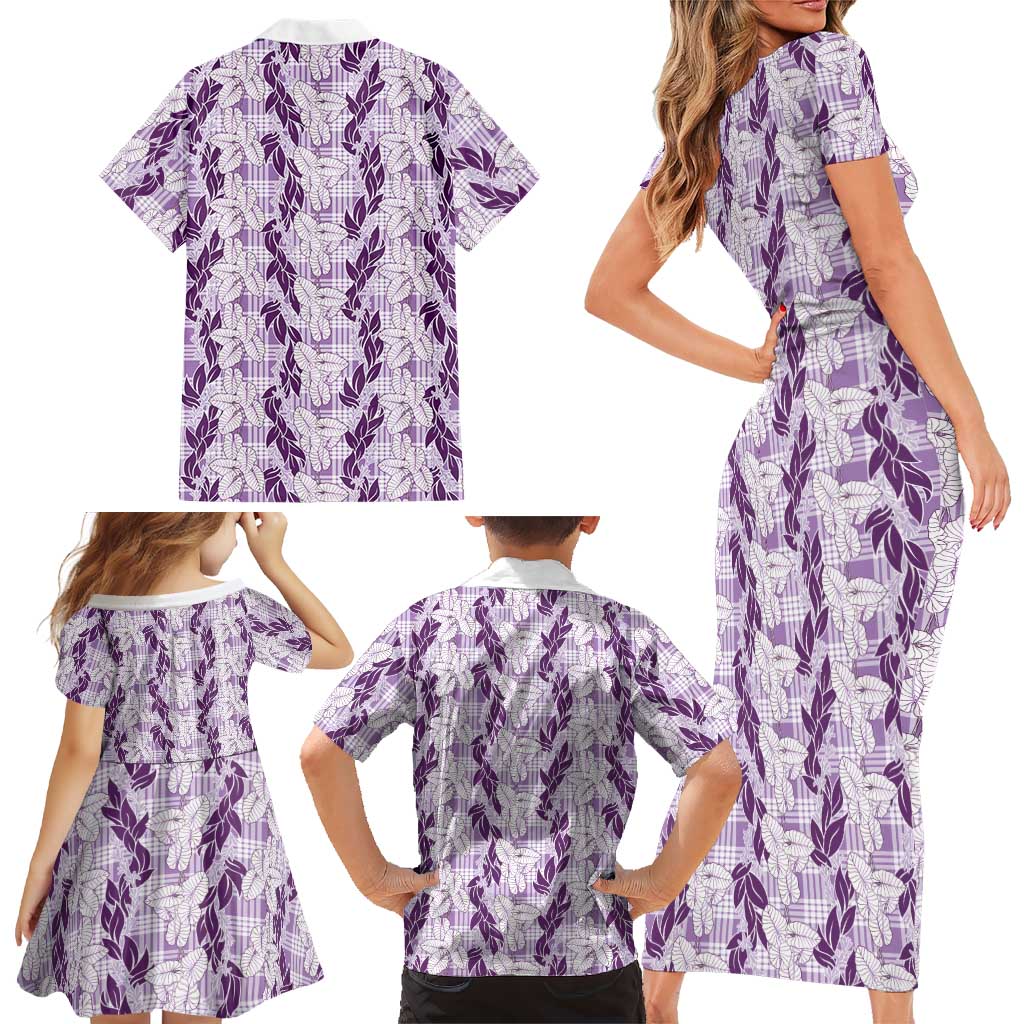 Hawaii Ti Leaf Maile Tuberose Lei Family Matching Short Sleeve Bodycon Dress and Hawaiian Shirt With Hanalei Leaf Purple