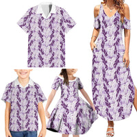 Hawaii Ti Leaf Maile Tuberose Lei Family Matching Summer Maxi Dress and Hawaiian Shirt With Hanalei Leaf Purple