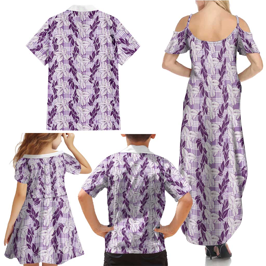Hawaii Ti Leaf Maile Tuberose Lei Family Matching Summer Maxi Dress and Hawaiian Shirt With Hanalei Leaf Purple