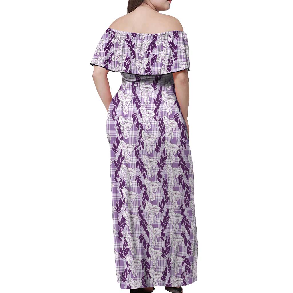 Hawaii Ti Leaf Maile Tuberose Lei Off Shoulder Maxi Dress With Hanalei Leaf Purple