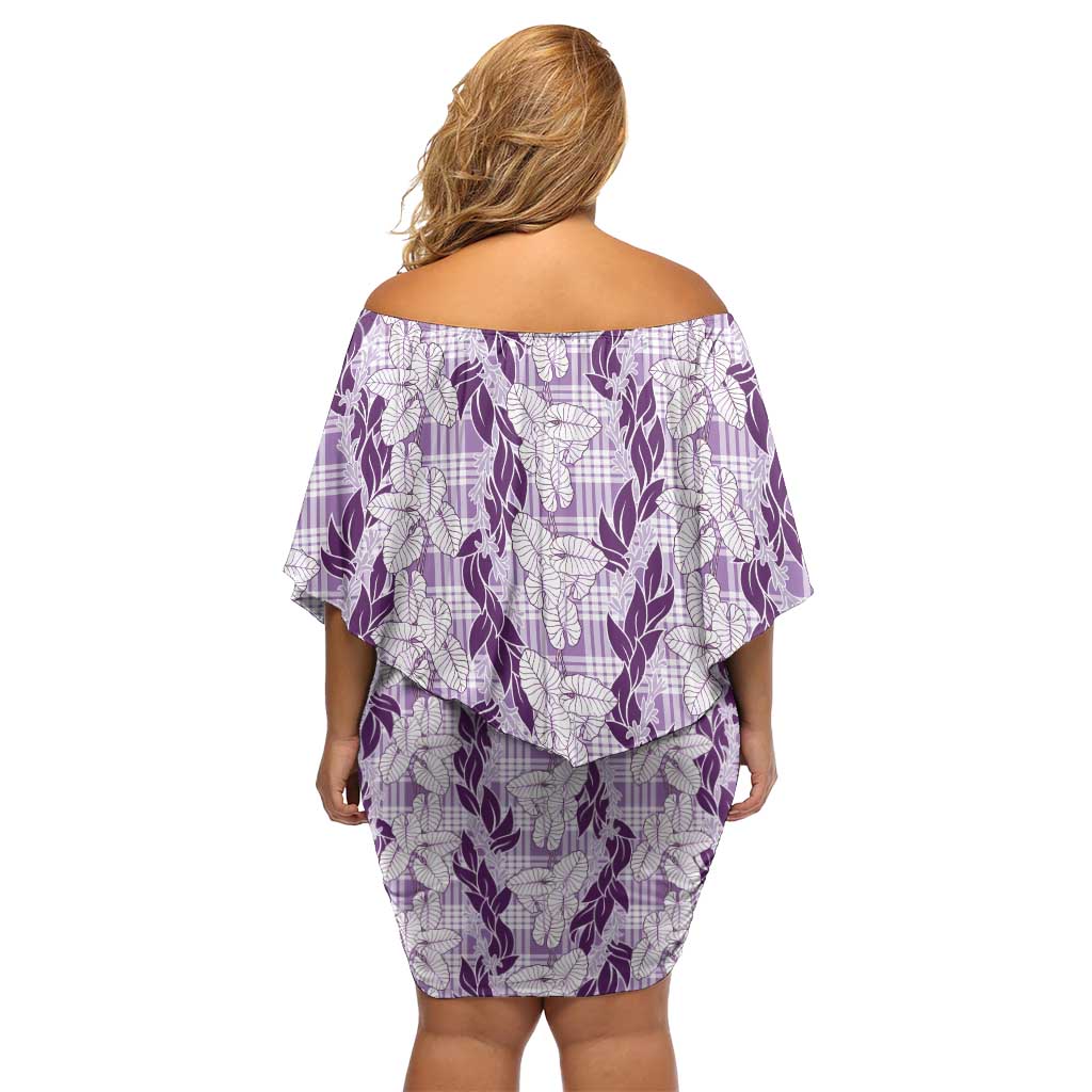 Hawaii Ti Leaf Maile Tuberose Lei Off Shoulder Short Dress With Hanalei Leaf Purple LT05 - Polynesian Pride
