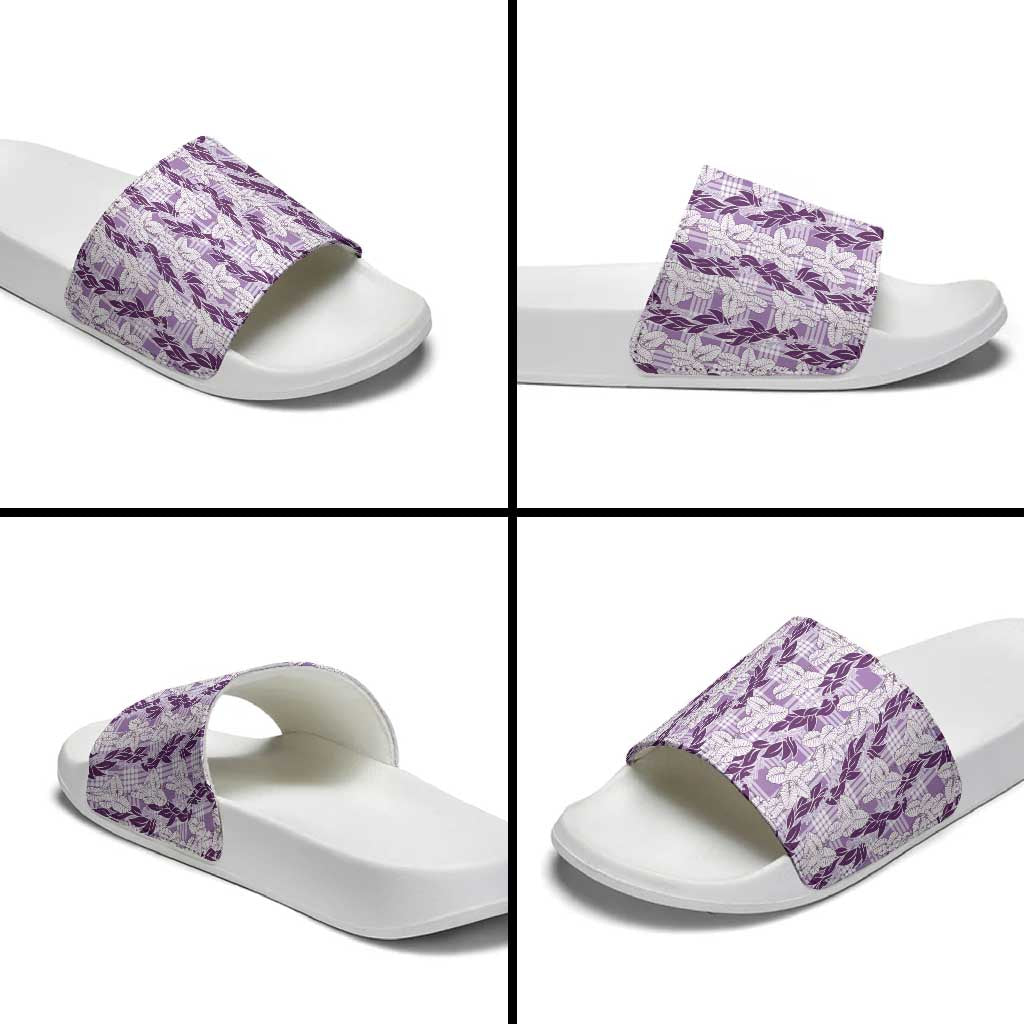 Hawaii Ti Leaf Maile Tuberose Lei Slide Sandals With Hanalei Leaf Purple