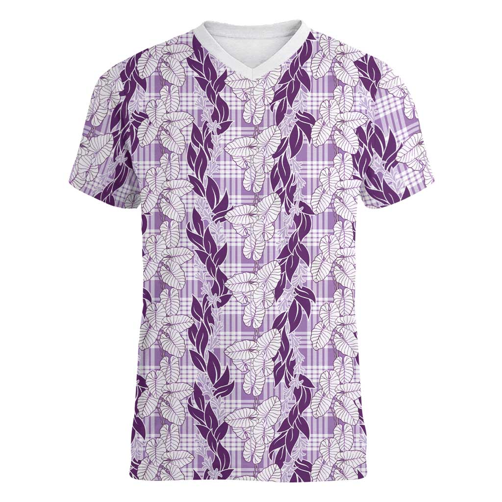 Hawaii Ti Leaf Maile Tuberose Lei Women V-Neck T-Shirt With Hanalei Leaf Purple