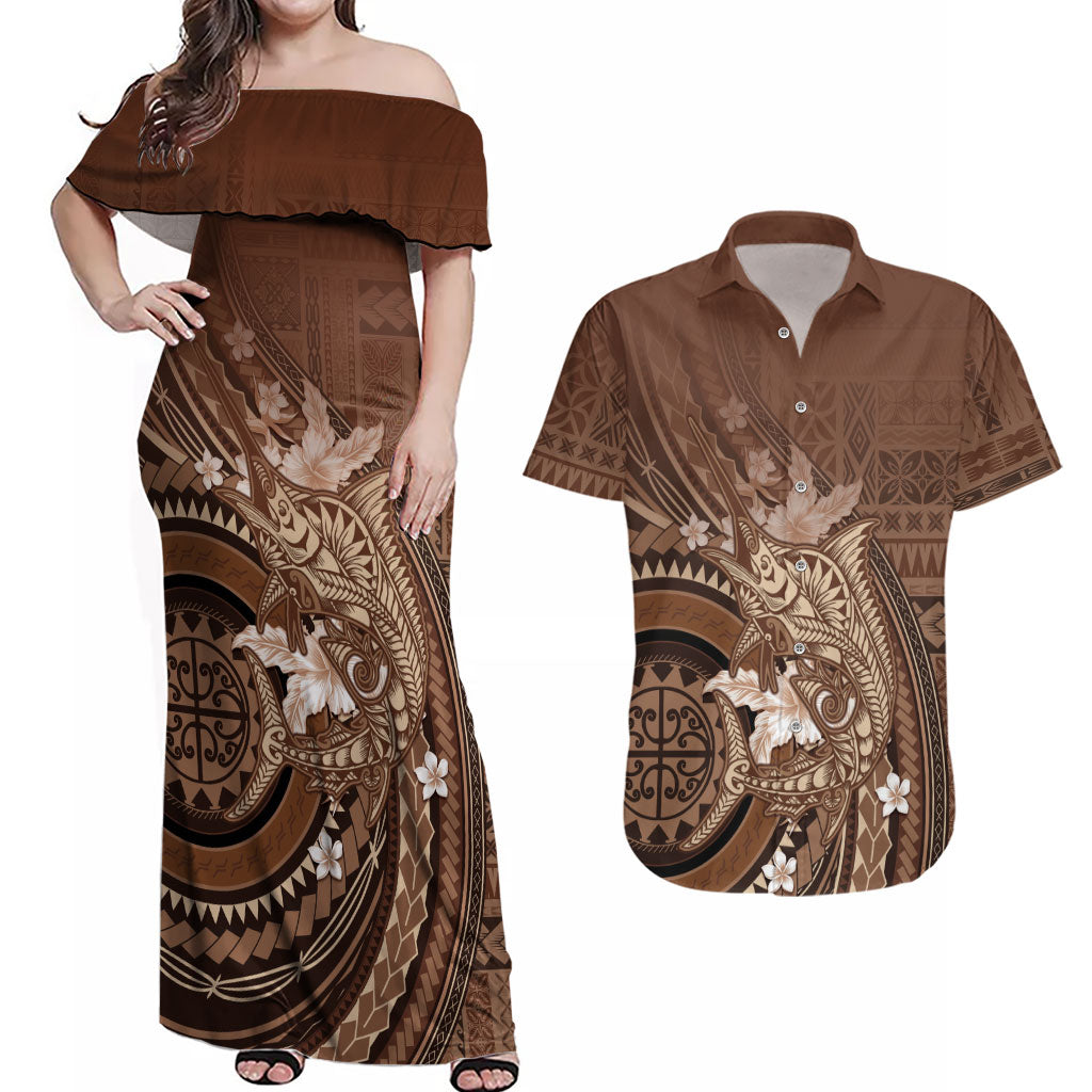 Samoa Tatau Marlin Couples Matching Off Shoulder Maxi Dress and Hawaiian Shirt With Siapo Motifs Brown
