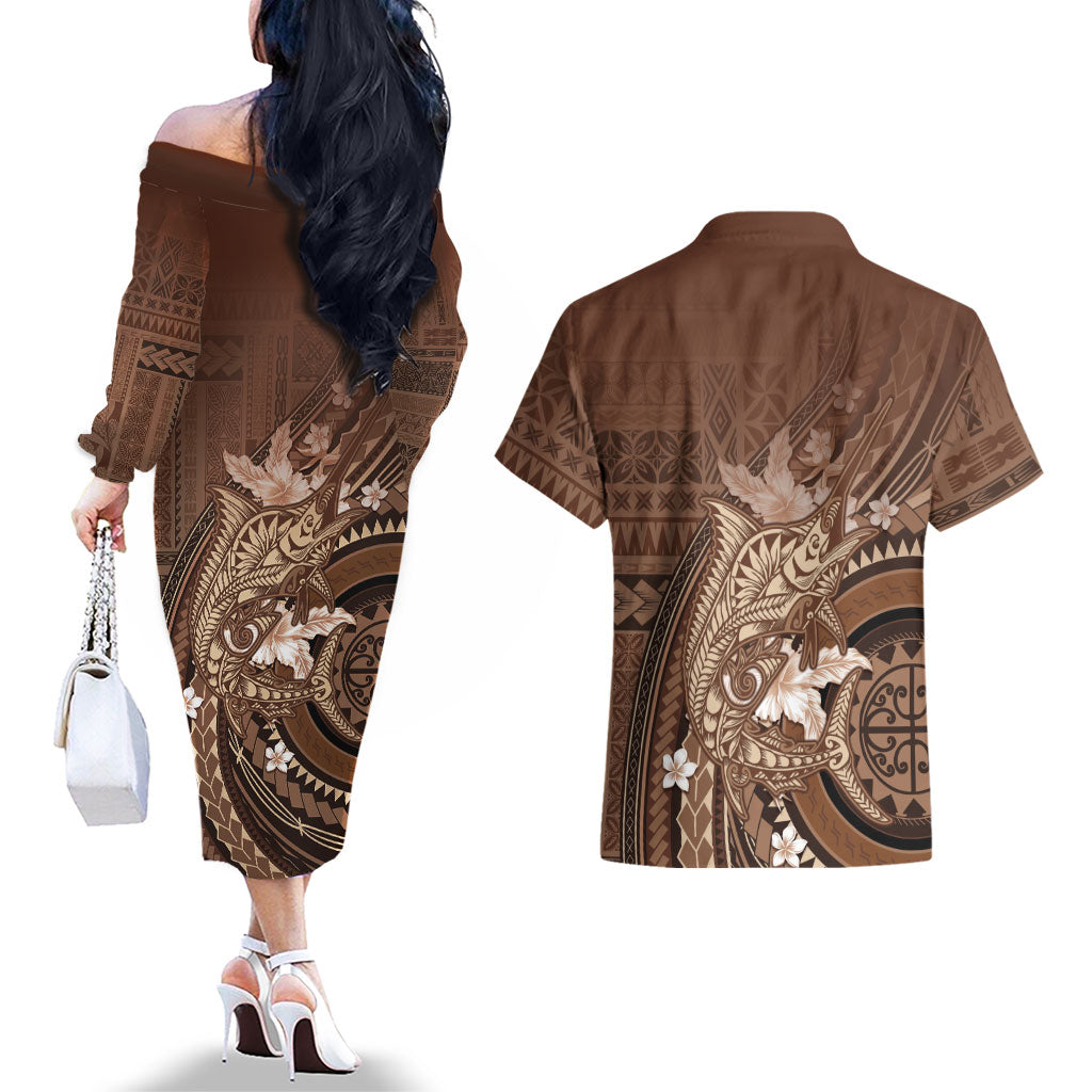 Samoa Tatau Marlin Couples Matching Off The Shoulder Long Sleeve Dress and Hawaiian Shirt With Siapo Motifs Brown LT05 - Polynesian Pride