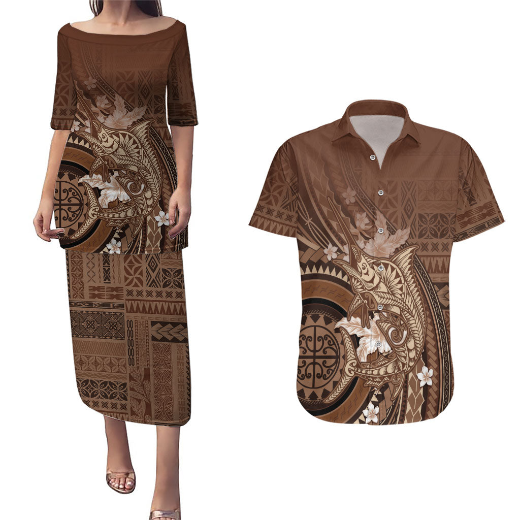 Samoa Tatau Marlin Couples Matching Puletasi and Hawaiian Shirt With Siapo Motifs Brown