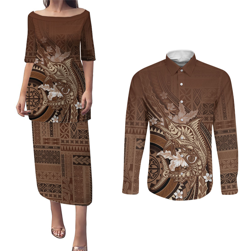 Samoa Tatau Marlin Couples Matching Puletasi and Long Sleeve Button Shirt With Siapo Motifs Brown