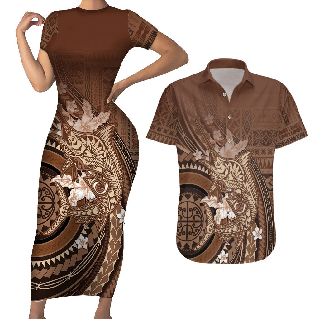 Samoa Tatau Marlin Couples Matching Short Sleeve Bodycon Dress and Hawaiian Shirt With Siapo Motifs Brown