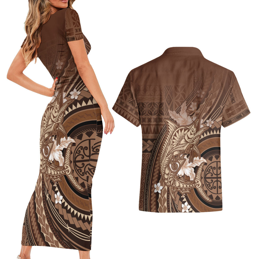 Samoa Tatau Marlin Couples Matching Short Sleeve Bodycon Dress and Hawaiian Shirt With Siapo Motifs Brown