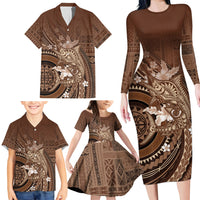 Samoa Tatau Marlin Family Matching Long Sleeve Bodycon Dress and Hawaiian Shirt With Siapo Motifs Brown