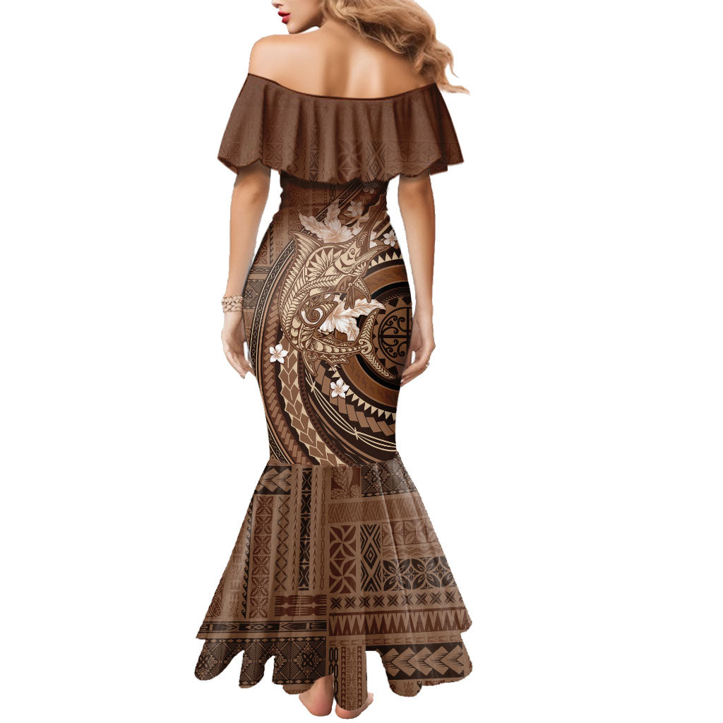 Samoa Tatau Marlin Family Matching Mermaid Dress and Hawaiian Shirt With Siapo Motifs Brown