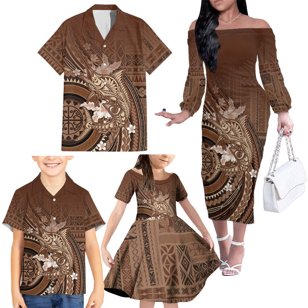 Samoa Tatau Marlin Family Matching Off The Shoulder Long Sleeve Dress and Hawaiian Shirt With Siapo Motifs Brown