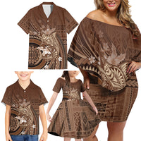 Samoa Tatau Marlin Family Matching Off Shoulder Short Dress and Hawaiian Shirt With Siapo Motifs Brown