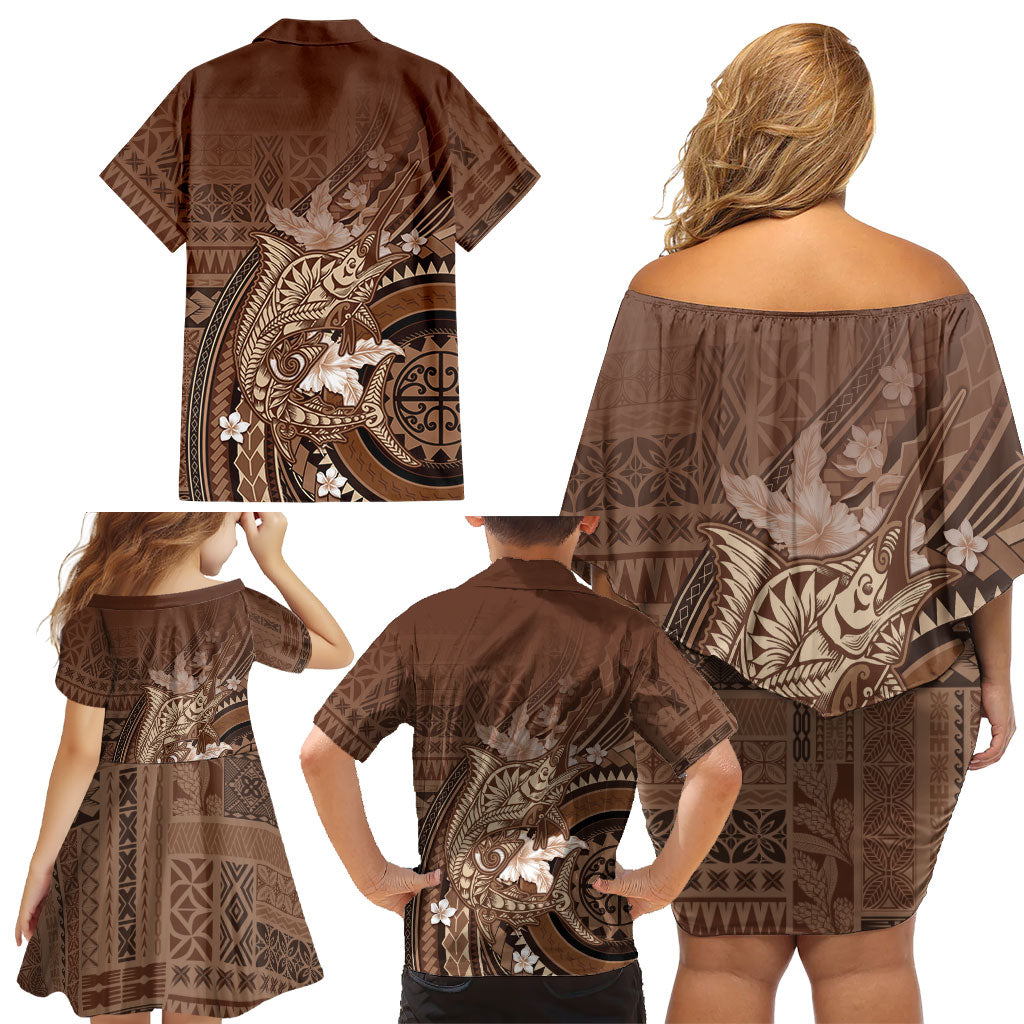 Samoa Tatau Marlin Family Matching Off Shoulder Short Dress and Hawaiian Shirt With Siapo Motifs Brown