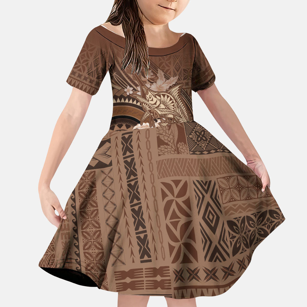 Samoa Tatau Marlin Family Matching Puletasi and Hawaiian Shirt With Siapo Motifs Brown LT05 Daughter's Dress Brown - Polynesian Pride