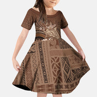 Samoa Tatau Marlin Family Matching Puletasi and Hawaiian Shirt With Siapo Motifs Brown LT05 Daughter's Dress Brown - Polynesian Pride