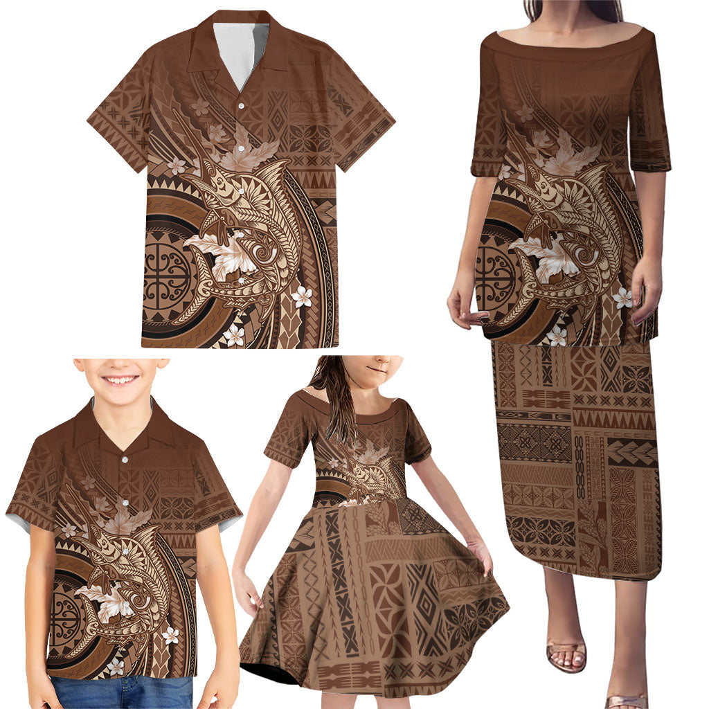 Samoa Tatau Marlin Family Matching Puletasi and Hawaiian Shirt With Siapo Motifs Brown LT05 - Polynesian Pride
