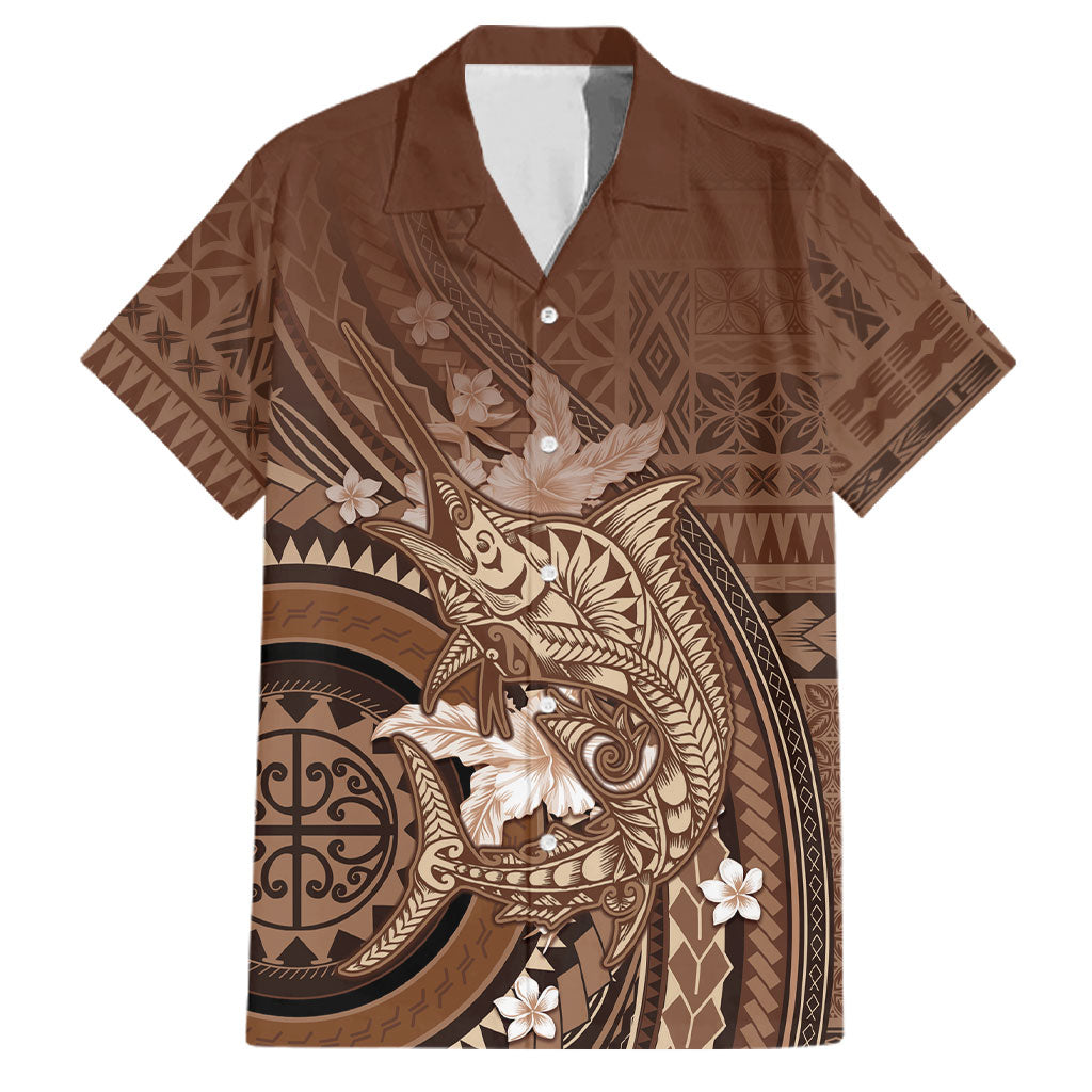 Samoa Tatau Marlin Family Matching Puletasi and Hawaiian Shirt With Siapo Motifs Brown LT05 Dad's Shirt - Short Sleeve Brown - Polynesian Pride