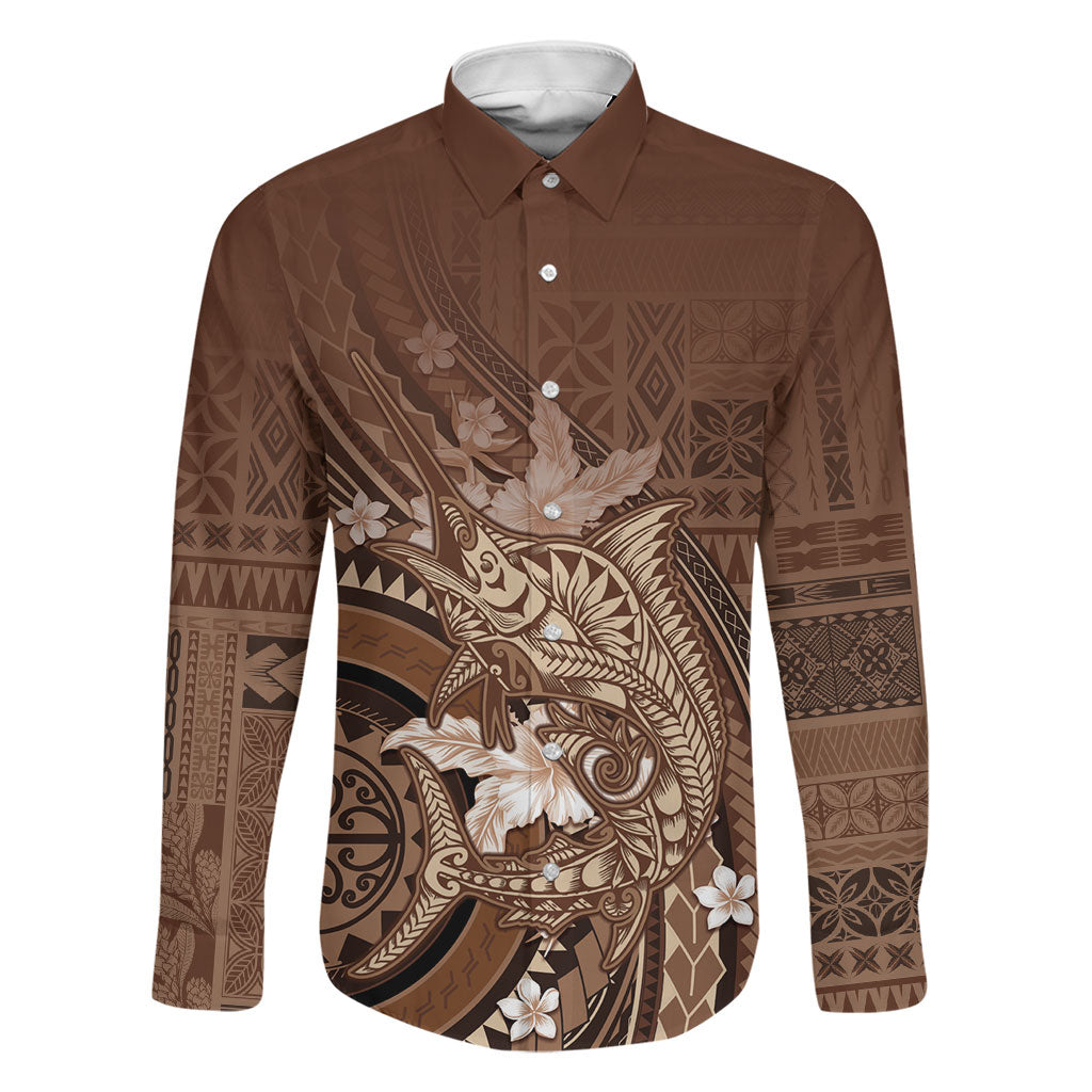 Samoa Tatau Marlin Family Matching Puletasi and Hawaiian Shirt With Siapo Motifs Brown LT05 Dad's Shirt - Long Sleeve Brown - Polynesian Pride