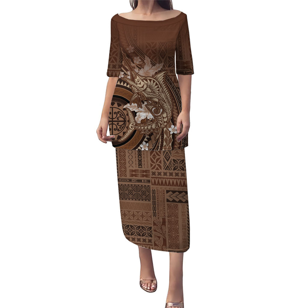 Samoa Tatau Marlin Family Matching Puletasi and Hawaiian Shirt With Siapo Motifs Brown LT05 Mom's Dress Brown - Polynesian Pride