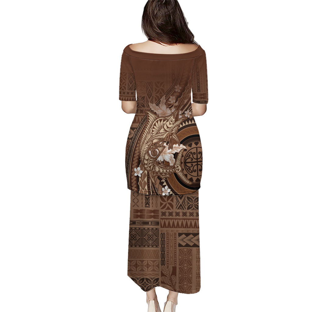 Samoa Tatau Marlin Family Matching Puletasi and Hawaiian Shirt With Siapo Motifs Brown LT05 - Polynesian Pride
