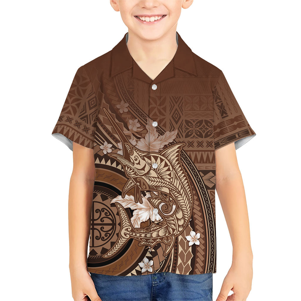 Samoa Tatau Marlin Family Matching Puletasi and Hawaiian Shirt With Siapo Motifs Brown LT05 Son's Shirt Brown - Polynesian Pride