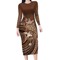 Samoa Tatau Marlin Long Sleeve Bodycon Dress With Siapo Motifs Brown LT05 Long Dress Brown - Polynesian Pride