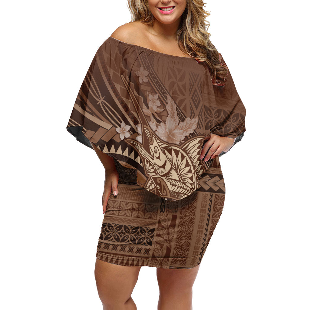 Samoa Tatau Marlin Off Shoulder Short Dress With Siapo Motifs Brown LT05 Women Brown - Polynesian Pride