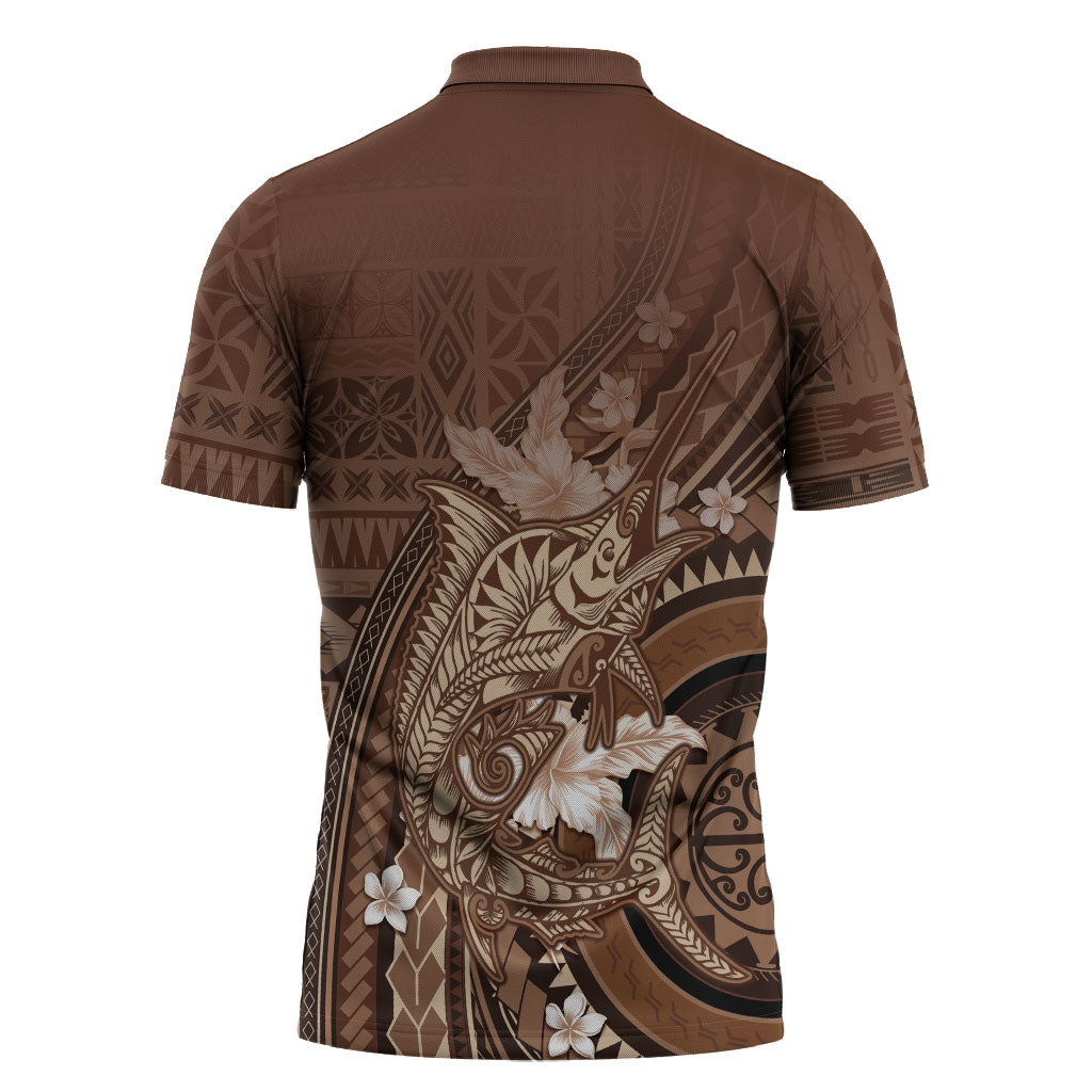 Samoa Tatau Marlin Zipper Polo Shirt With Siapo Motifs Brown