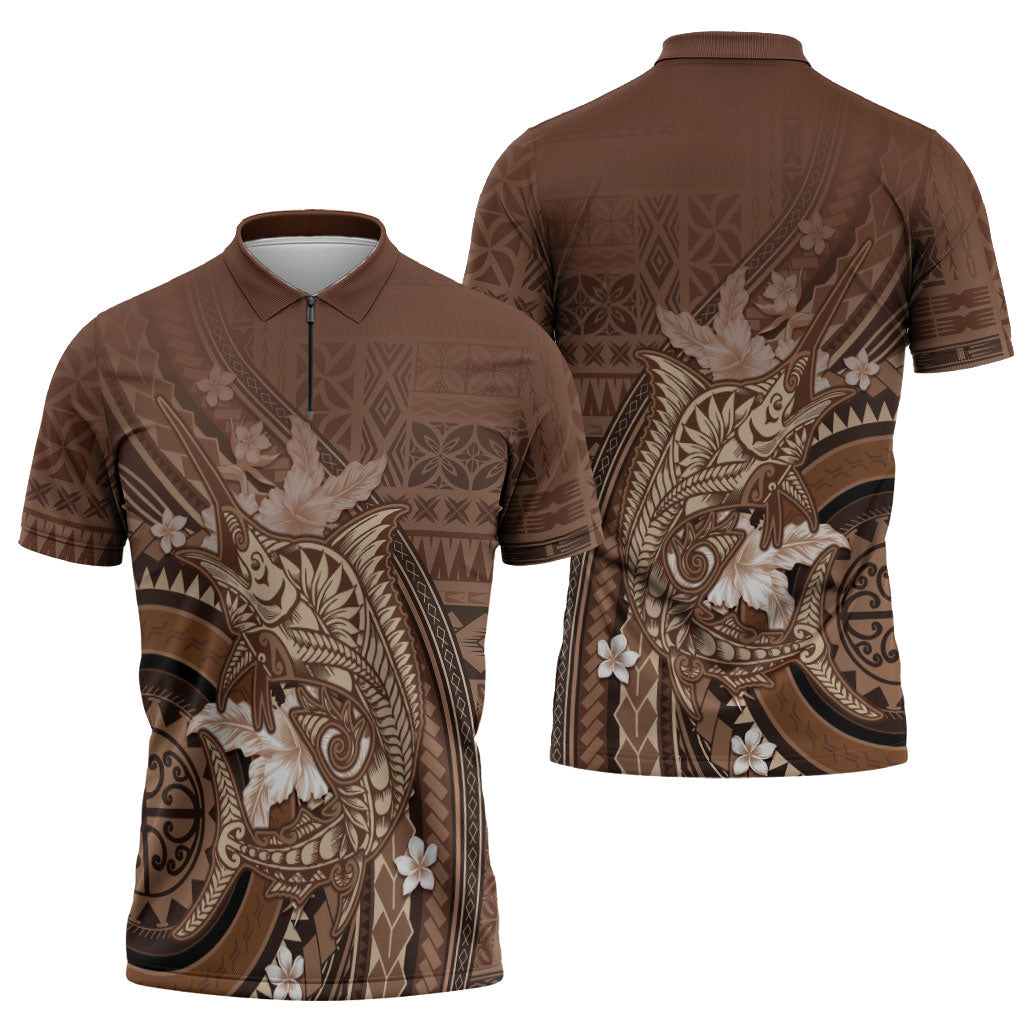 Samoa Tatau Marlin Zipper Polo Shirt With Siapo Motifs Brown