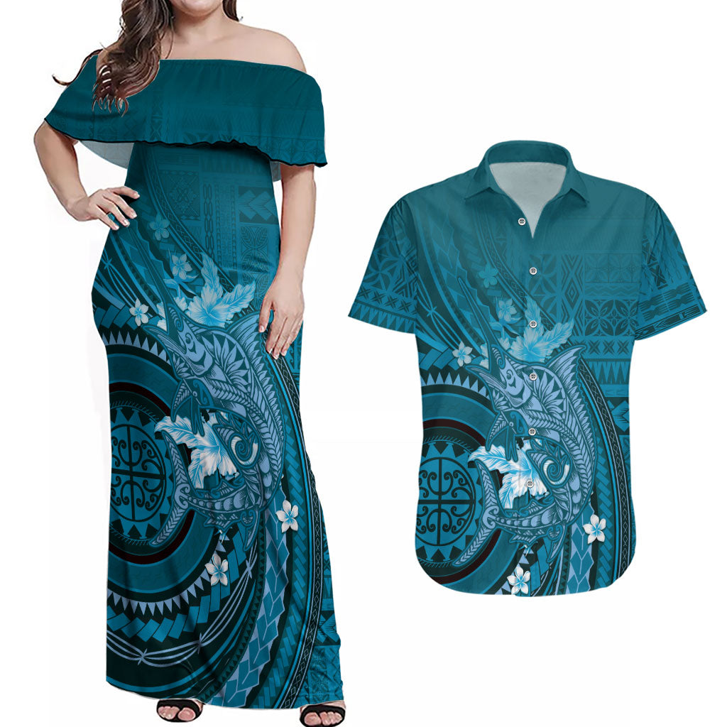 Samoa Tatau Marlin Couples Matching Off Shoulder Maxi Dress and Hawaiian Shirt With Siapo Motifs Teal