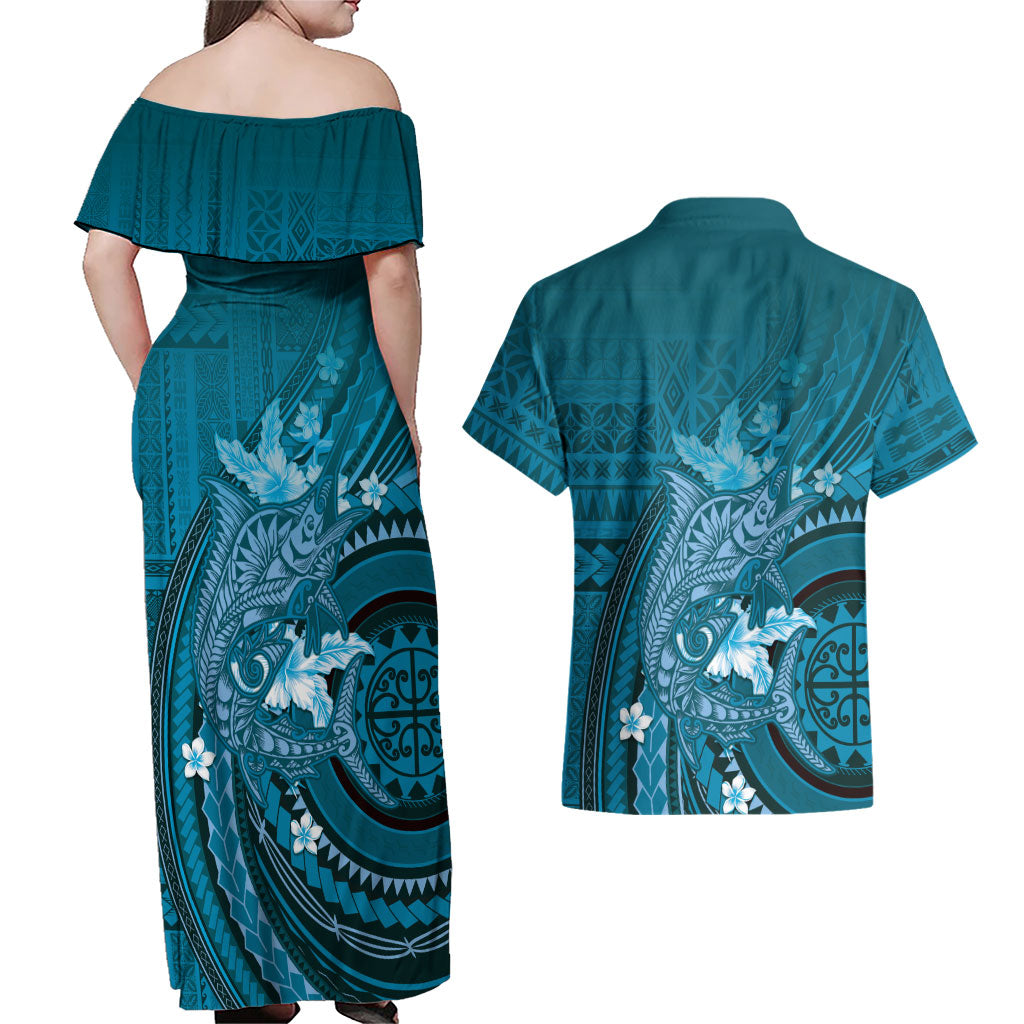 Samoa Tatau Marlin Couples Matching Off Shoulder Maxi Dress and Hawaiian Shirt With Siapo Motifs Teal
