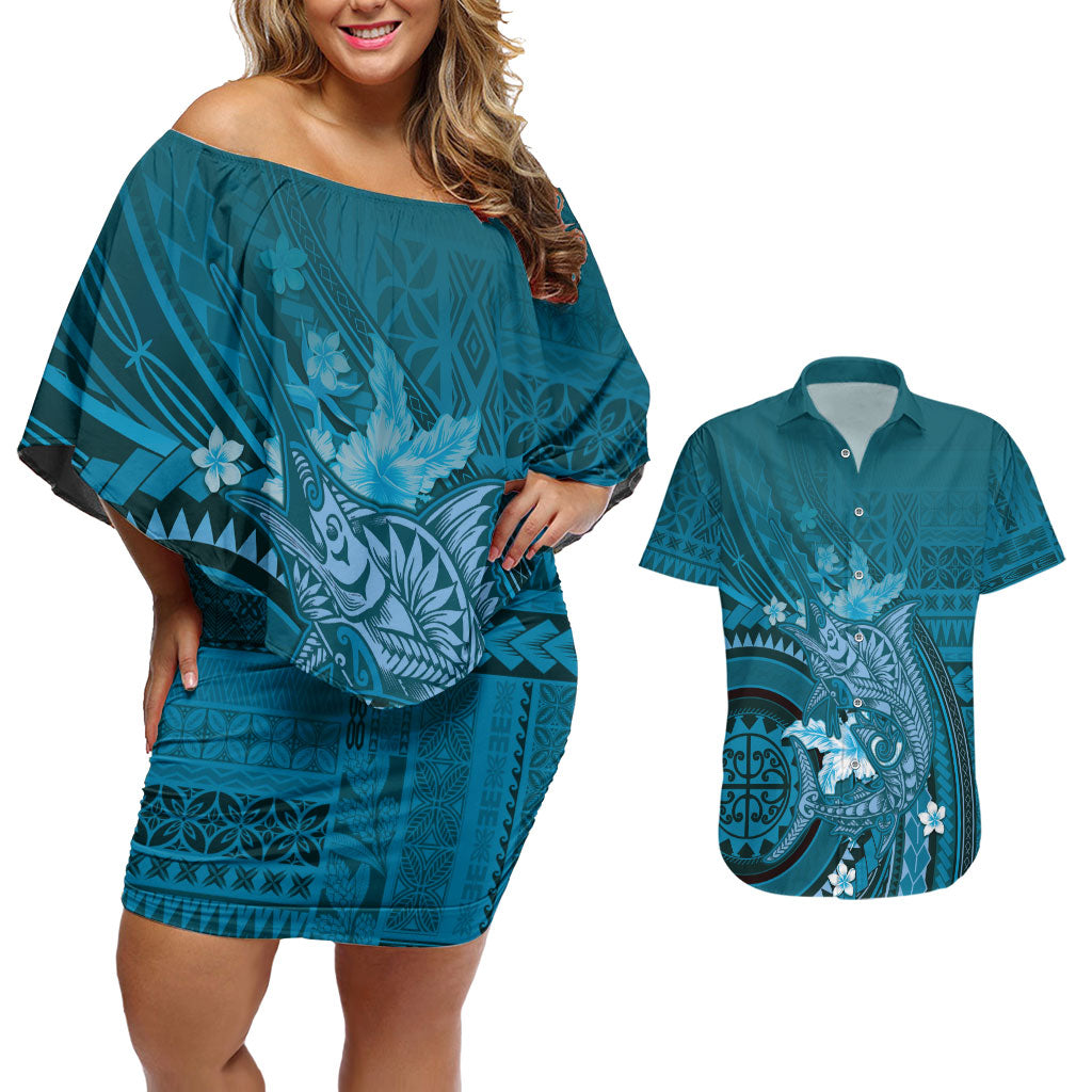 Samoa Tatau Marlin Couples Matching Off Shoulder Short Dress and Hawaiian Shirt With Siapo Motifs Teal