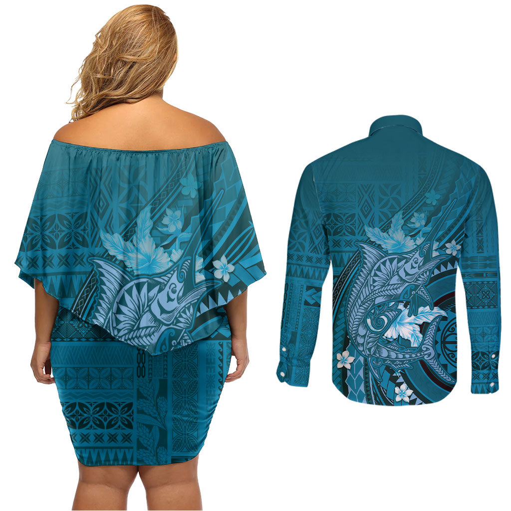 Samoa Tatau Marlin Couples Matching Off Shoulder Short Dress and Long Sleeve Button Shirt With Siapo Motifs Teal