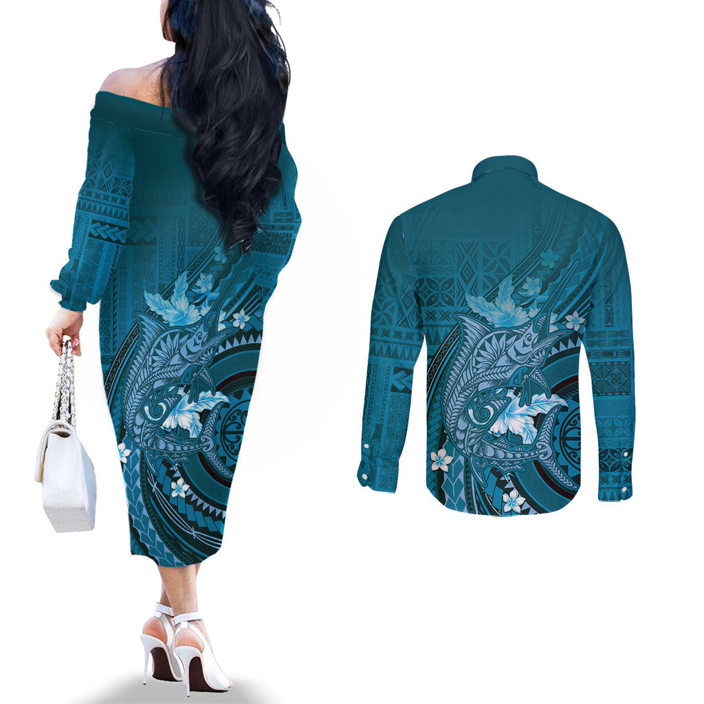 Samoa Tatau Marlin Couples Matching Off The Shoulder Long Sleeve Dress and Long Sleeve Button Shirt With Siapo Motifs Teal LT05 - Polynesian Pride