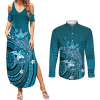 Samoa Tatau Marlin Couples Matching Summer Maxi Dress and Long Sleeve Button Shirt With Siapo Motifs Teal LT05 Teal - Polynesian Pride