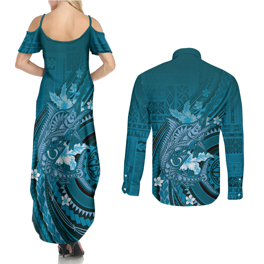 Samoa Tatau Marlin Couples Matching Summer Maxi Dress and Long Sleeve Button Shirt With Siapo Motifs Teal LT05 - Polynesian Pride