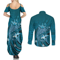 Samoa Tatau Marlin Couples Matching Summer Maxi Dress and Long Sleeve Button Shirt With Siapo Motifs Teal LT05 - Polynesian Pride
