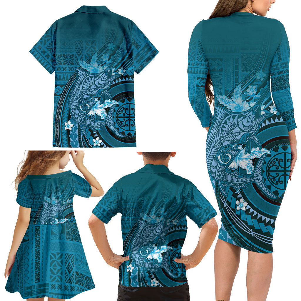 Samoa Tatau Marlin Family Matching Long Sleeve Bodycon Dress and Hawaiian Shirt With Siapo Motifs Teal
