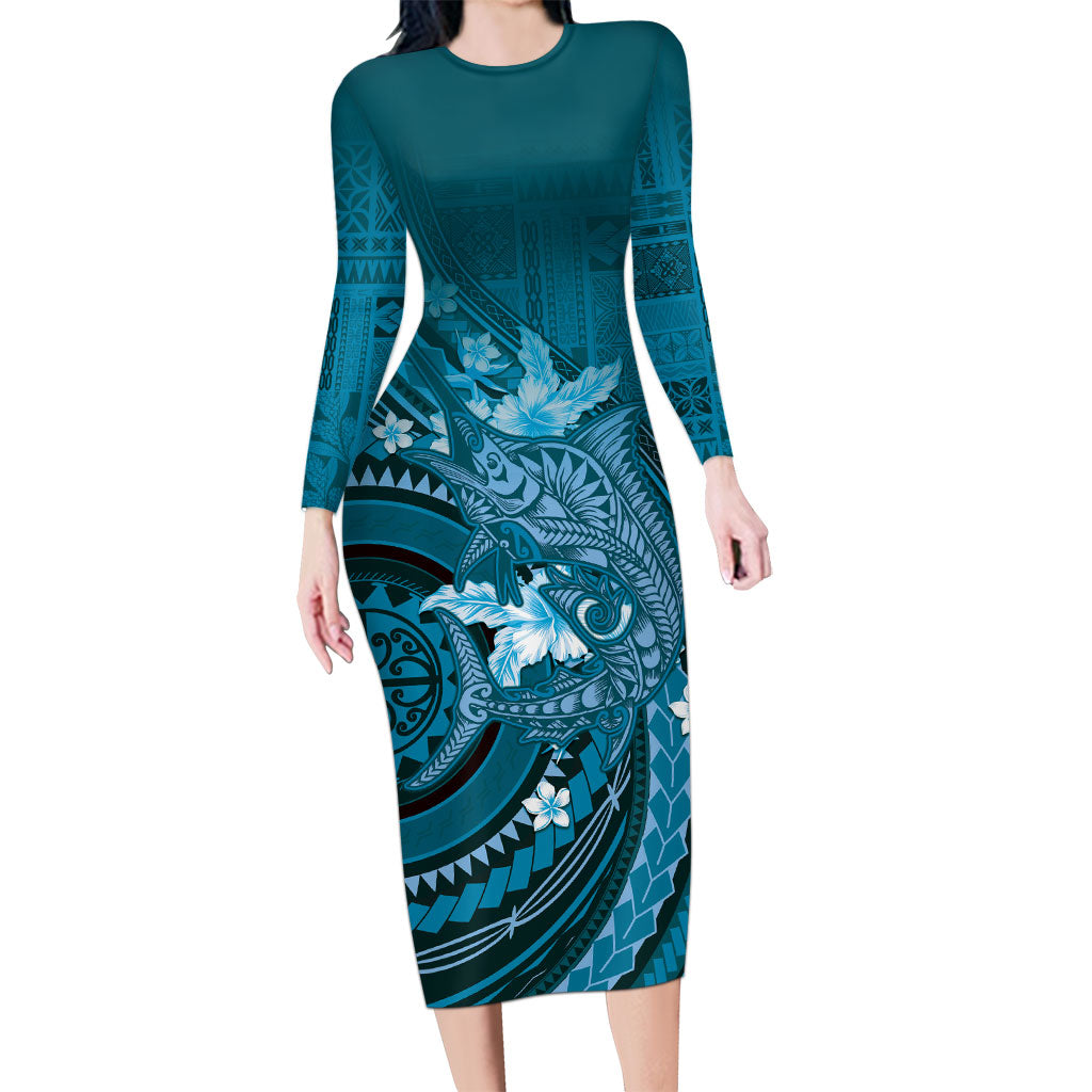 Samoa Tatau Marlin Family Matching Long Sleeve Bodycon Dress and Hawaiian Shirt With Siapo Motifs Teal