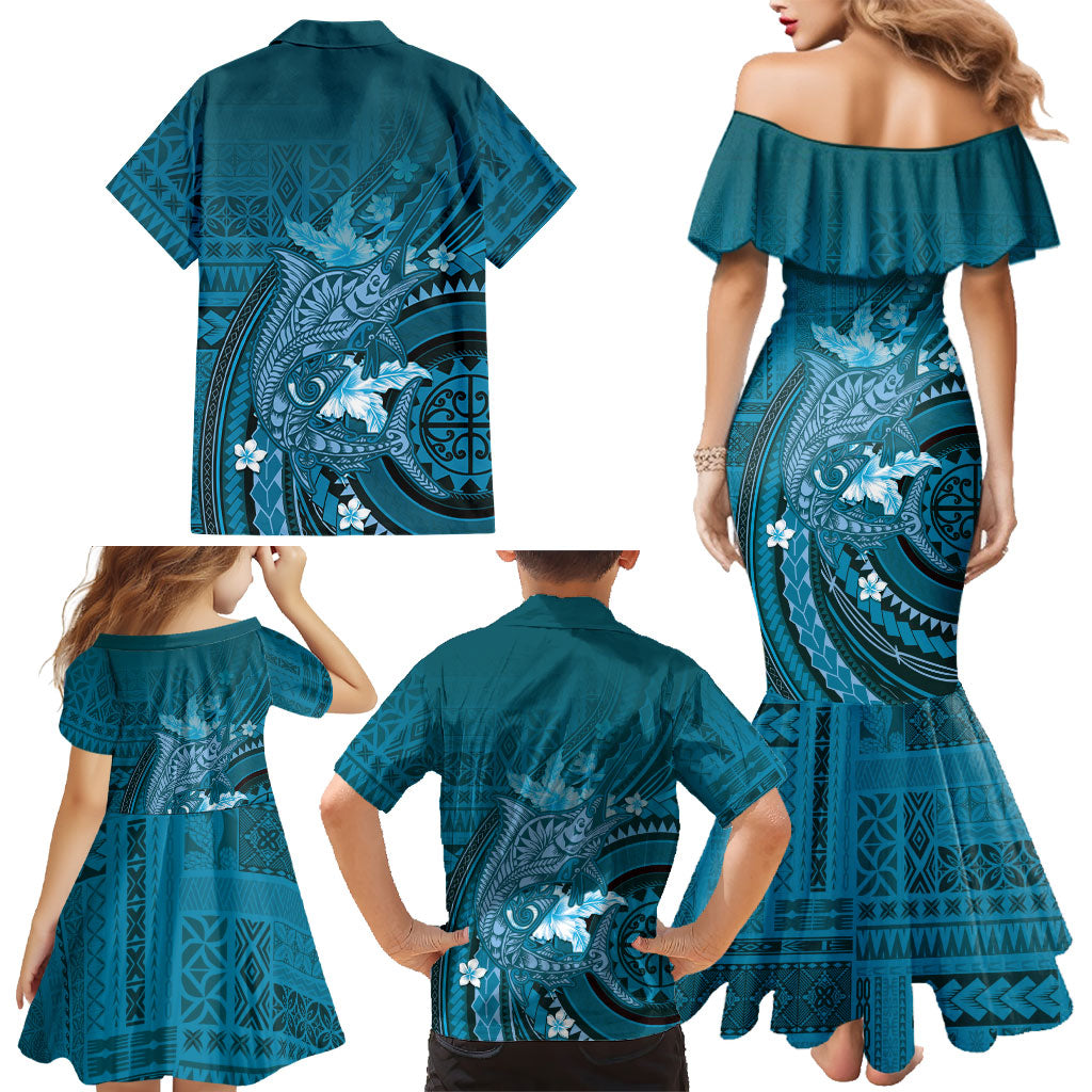 Samoa Tatau Marlin Family Matching Mermaid Dress and Hawaiian Shirt With Siapo Motifs Teal