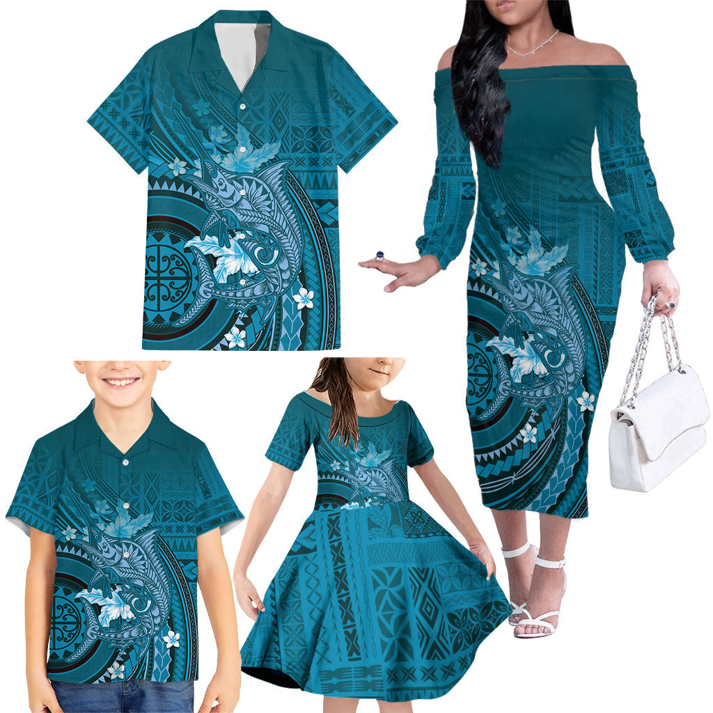 Samoa Tatau Marlin Family Matching Off The Shoulder Long Sleeve Dress and Hawaiian Shirt With Siapo Motifs Teal