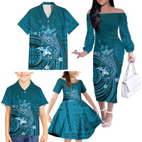 Samoa Tatau Marlin Family Matching Off The Shoulder Long Sleeve Dress and Hawaiian Shirt With Siapo Motifs Teal