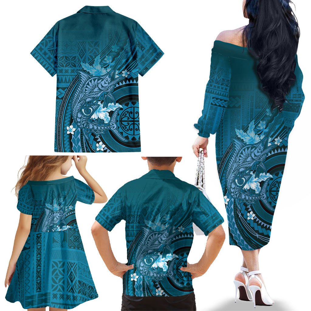 Samoa Tatau Marlin Family Matching Off The Shoulder Long Sleeve Dress and Hawaiian Shirt With Siapo Motifs Teal