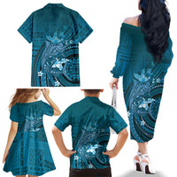 Samoa Tatau Marlin Family Matching Off The Shoulder Long Sleeve Dress and Hawaiian Shirt With Siapo Motifs Teal