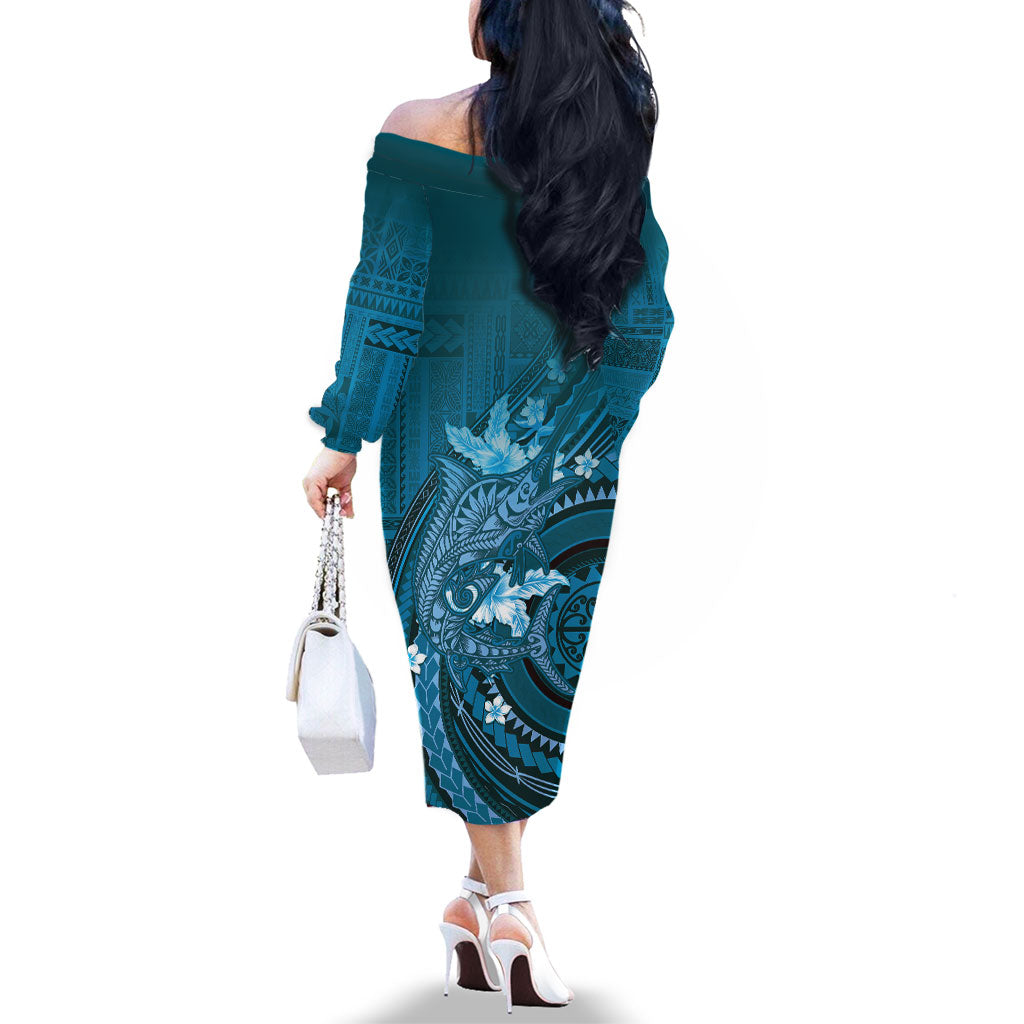 Samoa Tatau Marlin Family Matching Off The Shoulder Long Sleeve Dress and Hawaiian Shirt With Siapo Motifs Teal