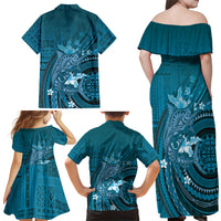 Samoa Tatau Marlin Family Matching Off Shoulder Maxi Dress and Hawaiian Shirt With Siapo Motifs Teal