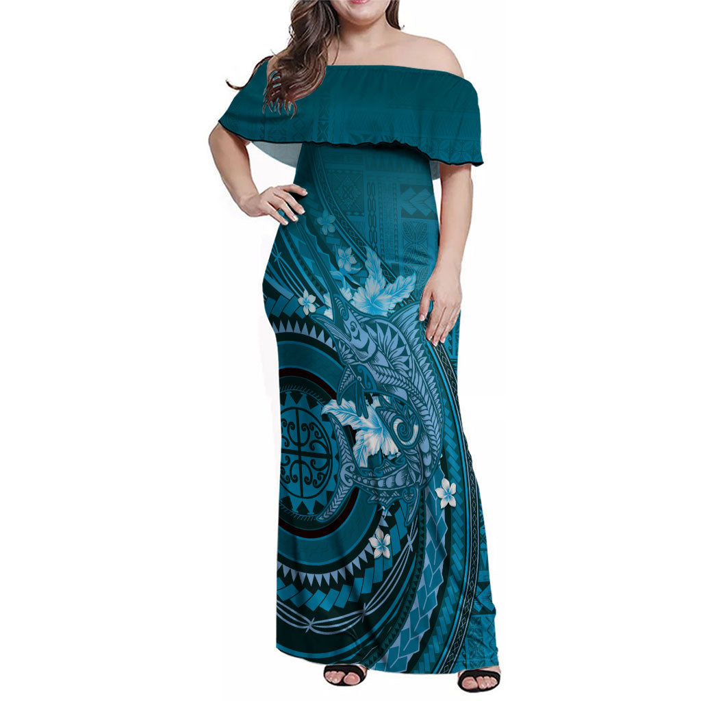 Samoa Tatau Marlin Family Matching Off Shoulder Maxi Dress and Hawaiian Shirt With Siapo Motifs Teal